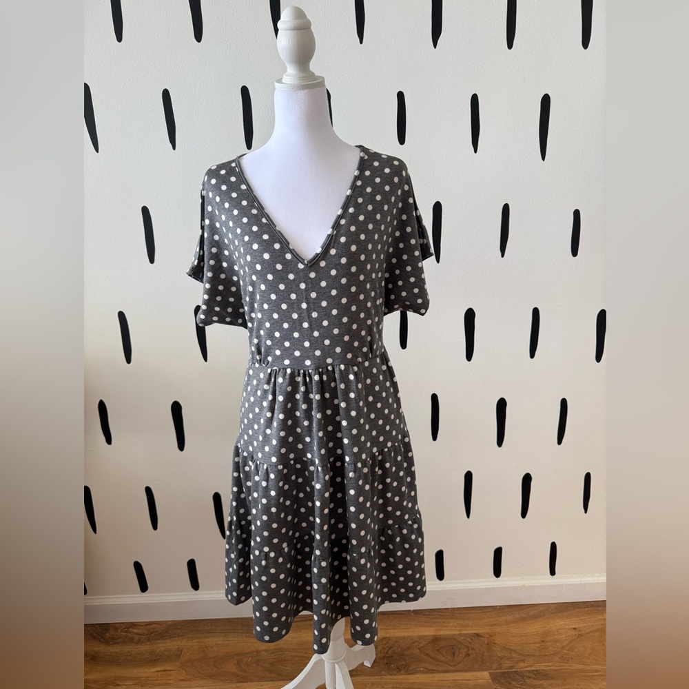Gilli Charcoal and White Polka Dot V-Neck Mini Dress